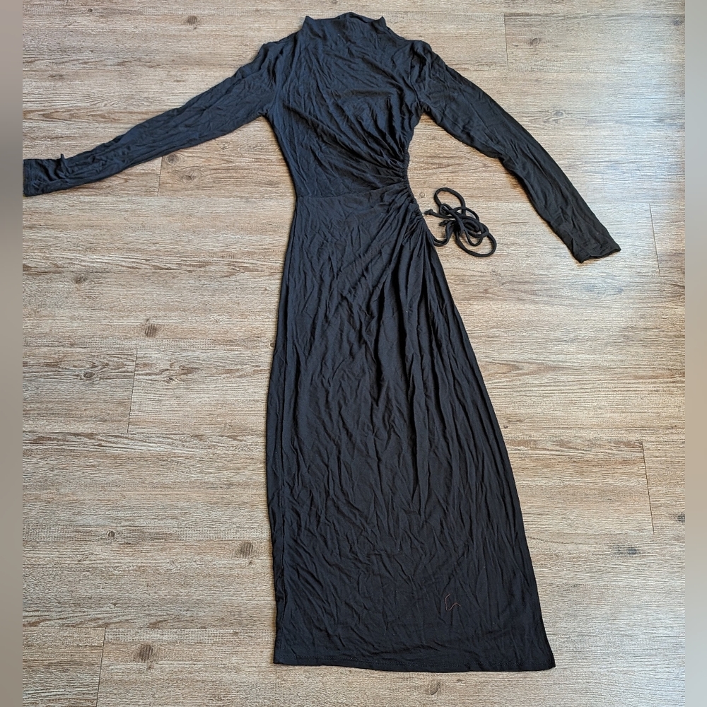 NEW, high SPLIT, scrunch CUT OUT,long  feminine,black dress